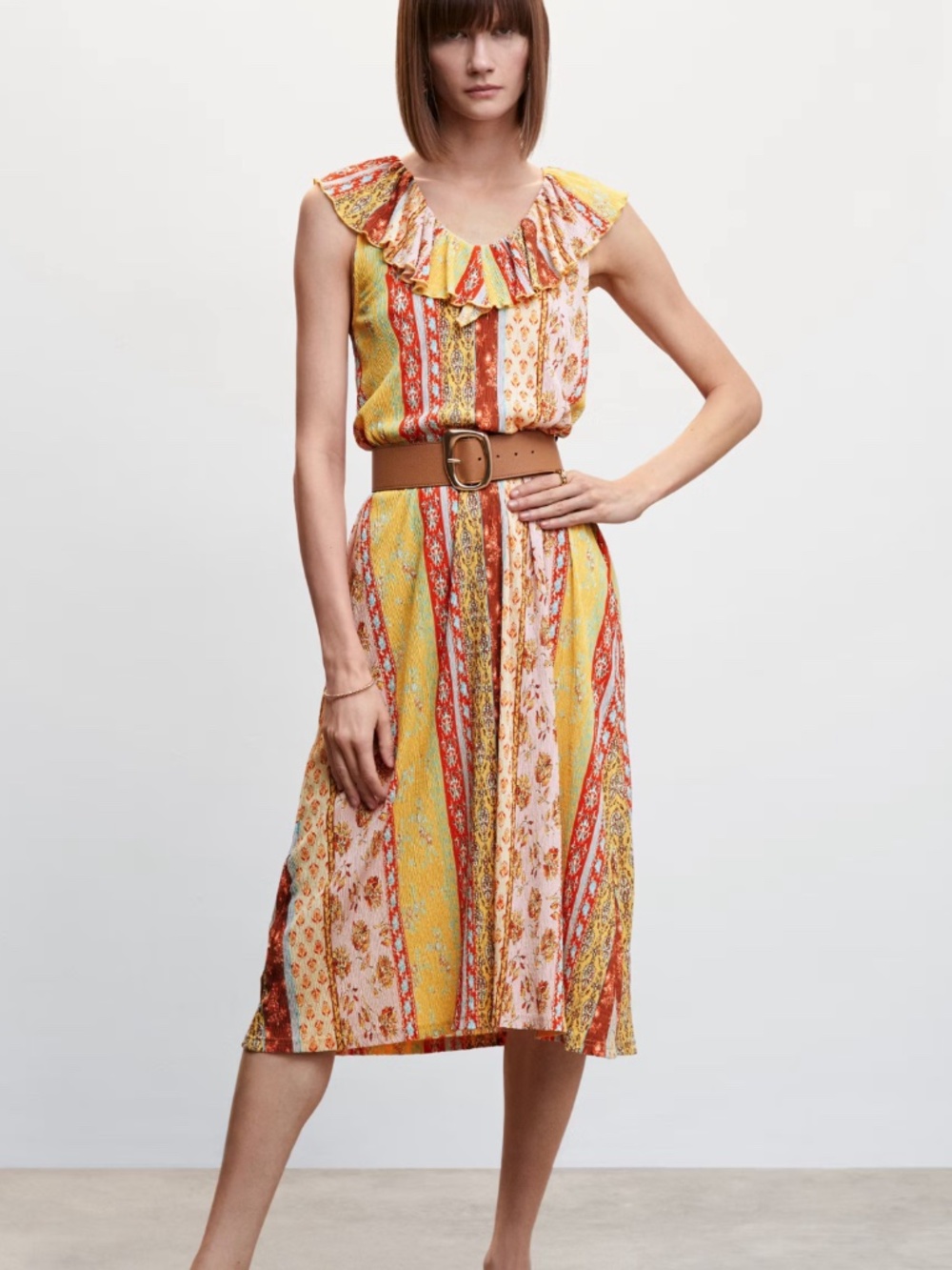 MNG Mango Ruffle Midi Dress | Boho Patchwork Print | Size S | Cottagecore Summer